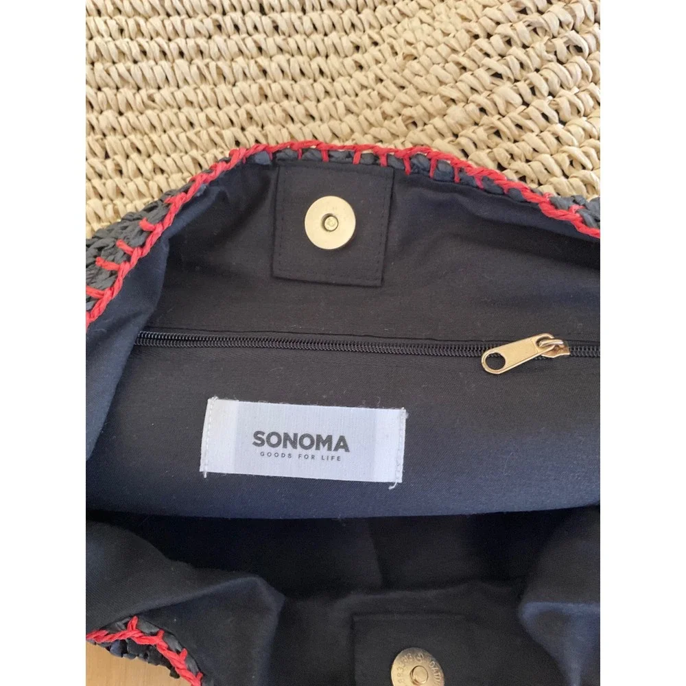 Sonoma Goods For Life Woven Straw Hobo Bag Black Tan Colorblock Red Whipstitch - Picture 8 of 9